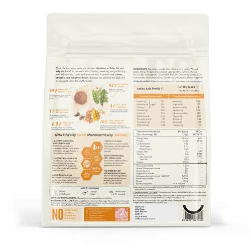 Happy Cultures: 24g Tastiest Plant Protein| Real Alphonso Mango, Almond Chunks & Ashwagandha (KSM 66) - 505g
