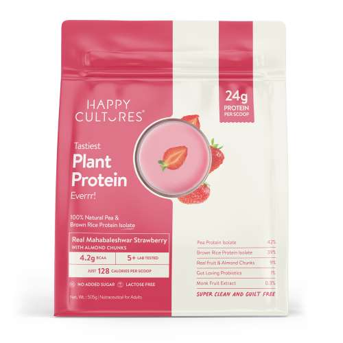 Happy Cultures: 24g Tastiest Plant Protein| Mahabaleshwar Strawberry & Almond Chunks - 505g