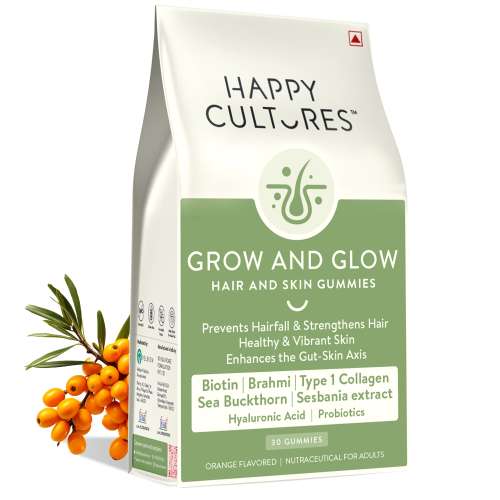 Happy Cultures: Grow and Glow | Hair Fall Control & Glowing Skin | 30 gummies