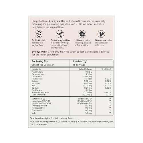 Happy Cultures: Bye Bye UTI with D-Mannose, Cranberry & Probiotics |15 Sachets (2g Each)