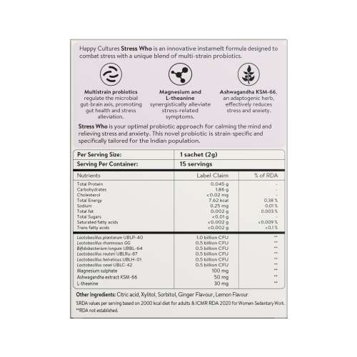 Happy Cultures: Stress Who  Ashwagandha KSM66, Magnesium & L-Theanine | Stress & Anxiety Relief | 15 Sachets (2g Each)