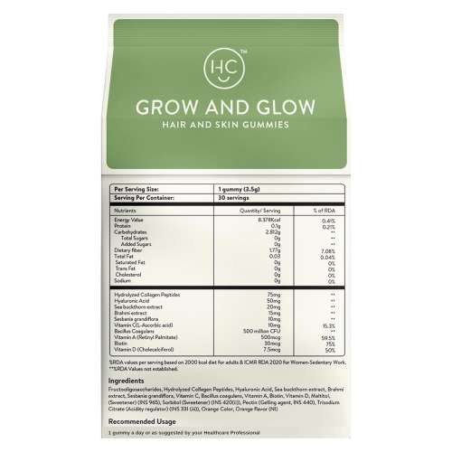 Happy Cultures: Grow and Glow | Hair Fall Control & Glowing Skin | 30 gummies