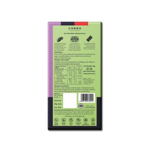 Carra: Cashews & Cranberries in 55% Dark Chocolate 50gm each Pack of 2