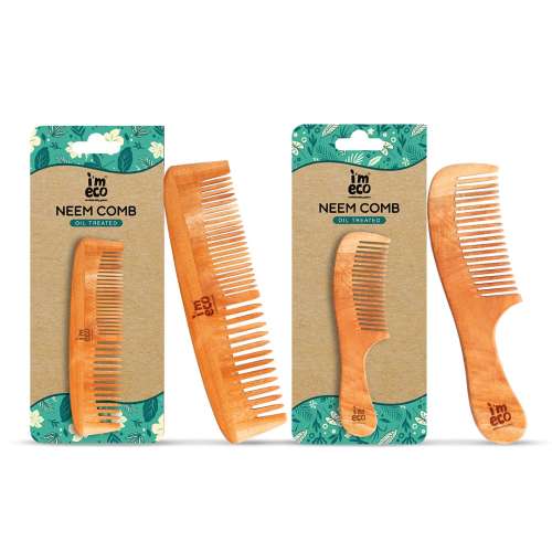 IMECO: Combo Of Dual Tooth & Wide Tooth Neem Wood Comb | Neem Comb | Pack of 2