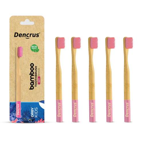 DENCRUS: Orby Kids Bamboo Toothbrush For Kids | 100% Natural Soft Bristles | Pink | Pack of 5