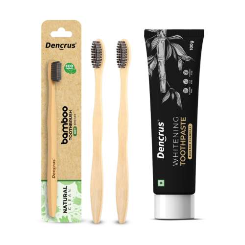 DENCRUS: Charcoal Toothpaste And Natural Clean Toothbrush Pack of 2 Combo | Organic Oral Care Combo