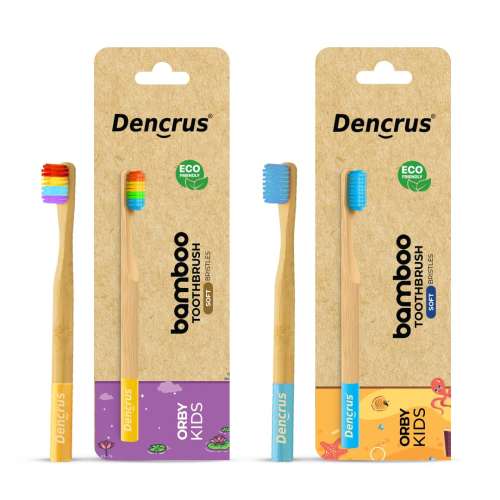 DENCRUS: Orby Kids Bamboo Toothbrush For Kids | 100% Natural Soft Bristles | Rainbow, Blue | Pack of 2
