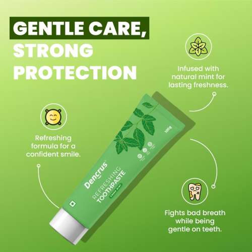 DENCRUS: Mint Toothpaste And Octa Clean Bamboo Toothbrush Pack of 2 Combo | Mint Oral Care Combo