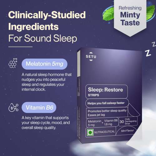 SETU: Sleep Restore Melatonin 5mg - 30 Orally Dissolving Strips (Pack of 1) | Plant Based 5 mg Melatonin | Promotes Relaxation & Sleep, Eases Jet Lag Strain, Non-Habit Forming | Tasty Mint Flavor