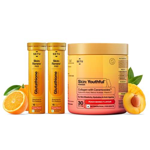 SETU: Radiant Skin Combo- 8g Marine Collagen + Ceramosides- 300gm & 8-in-1 Glutathione Fizzy 30 Tabs, Reduces Hyperpigmentation, Wrinkles, Fine Lines & Supports Supplement, Healthy Skin for Men & Women