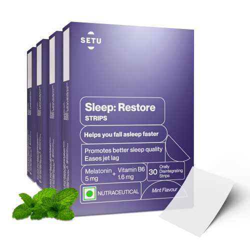 SETU: Sleep Restore Melatonin 5mg - 30 Orally Dissolving Strips (Pack of 4) | Plant Based 5 mg Melatonin | Promotes Relaxation & Sleep, Eases Jet Lag Strain, Non-Habit Forming | Tasty Mint Flavor