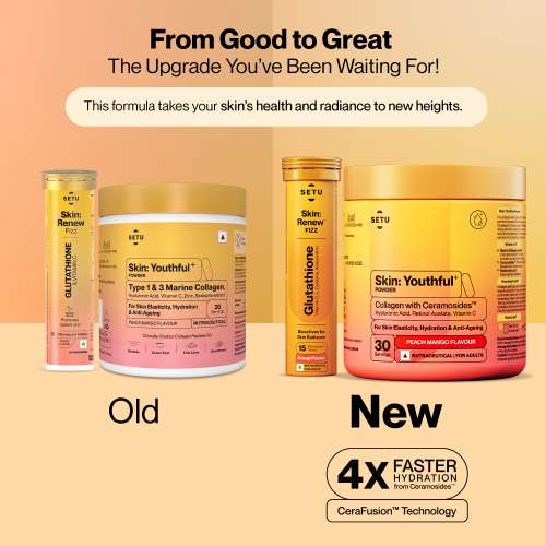 SETU: Radiant Skin Combo- 8g Marine Collagen + Ceramosides- 300gm & 8-in-1 Glutathione Fizzy 30 Tabs, Reduces Hyperpigmentation, Wrinkles, Fine Lines & Supports Supplement, Healthy Skin for Men & Women