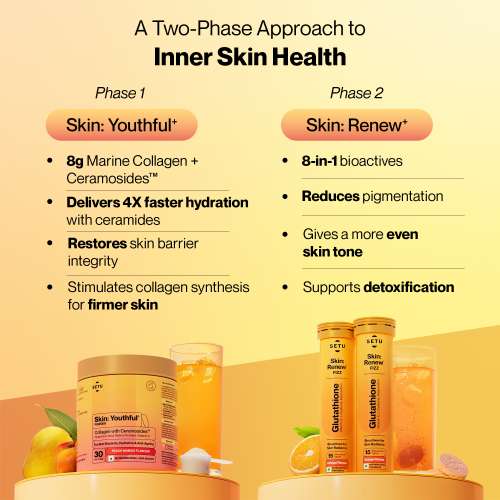 SETU: Radiant Skin Combo- 8g Marine Collagen + Ceramosides- 300gm & 8-in-1 Glutathione Fizzy 30 Tabs, Reduces Hyperpigmentation, Wrinkles, Fine Lines & Supports Supplement, Healthy Skin for Men & Women