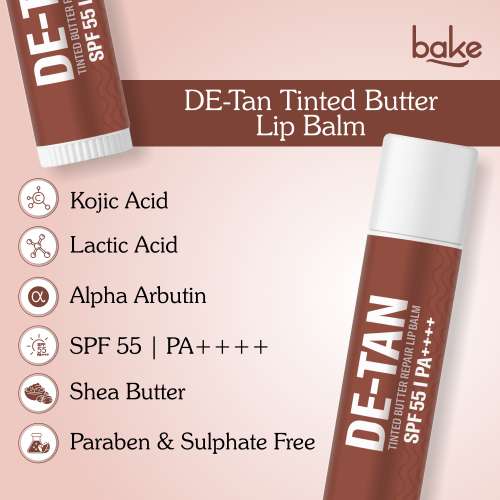 Bake Cosmetics: De-Tan Tinted Butter Lip Balm SPF 55 PA++++ with Kojic Acid, Alpha Arbutin & Lactic Acid 24 Hours Moisturization 5ml