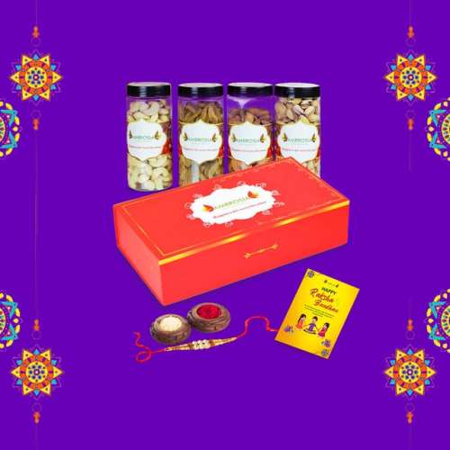 Ambrosia: Premium Dry Fruits Gift Box with Rakhi Tikka & Greeting Card 830gm