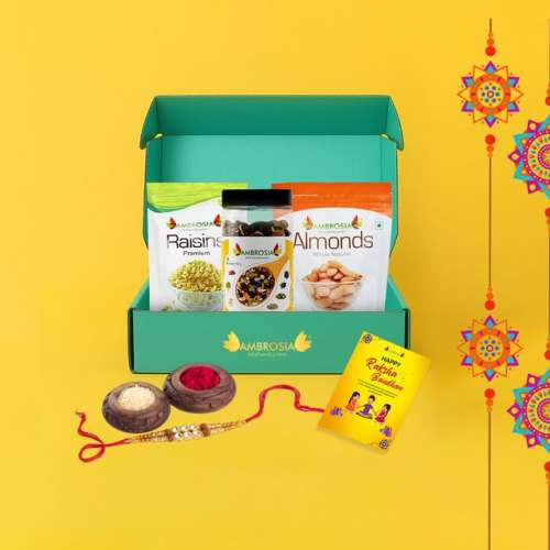 Ambrosia: Classic Dry Fruits Gift Box with Rakhi Tikka & Greeting Card 750g