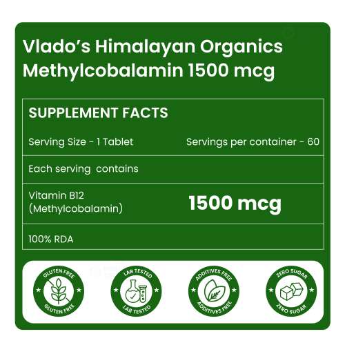 Vlado's Himalayan Organics: Vitamin B12 Supplements - Methylcobalami 12 Active form of Methylcobalamin I 100% RDA- 90 Veg Tablets