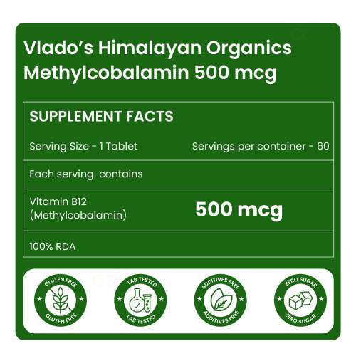 Vlado's Himalayan Organics: Vitamin B12 Tablets 1500 mcg -Active form of Methylcobalamin Vitamin B12 Supplements - 60 Veg Tablets