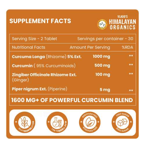 Vlado's Himalayan Organics: Tablets (1600mg+ / Serving ) with Black Pepper ( Piperine & Bioperine ), Supplement and 95% Curcuminoids | 60 Veg Tablets