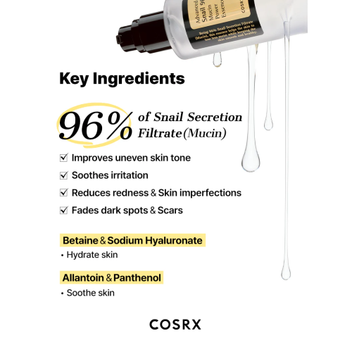 COSRX: Advanced Snail 96 Mucin Power Essence | Intense Hydration | Glass Skin | Snail Mucin | Barrier Repair | 30ml