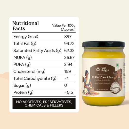 Soil Origin: A2 Gir Cow Ghee (Bilona Churned)  500ml