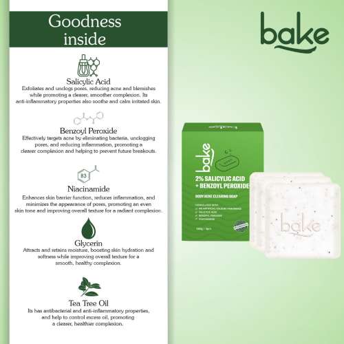 Bake Cosmetics: 2% Salicylic Acid Soap with Niacinamide for Body & Back Acne  Pack of 3(100gm x 3)