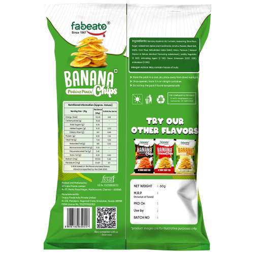 Fabeato: Banana Chips Pudhina Punch Flavor No Palm Oil, No MSG, 70gm  Pack of 3