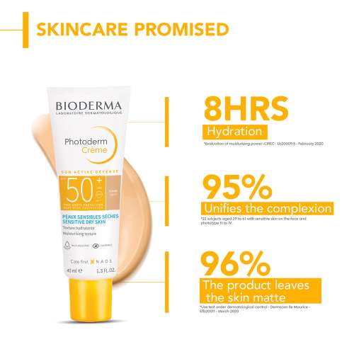 Bioderma: Bioderma Photoderm CrÃ¨me Claire SPF 50+ PA++++ Tinted Sunscreen with 8H Hydration | In Vivo Tested