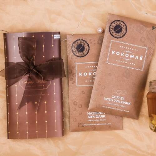 Kokomae: 2-Bar Diwali Hamper  Hazelnut & Coffee Chocolates with Candle