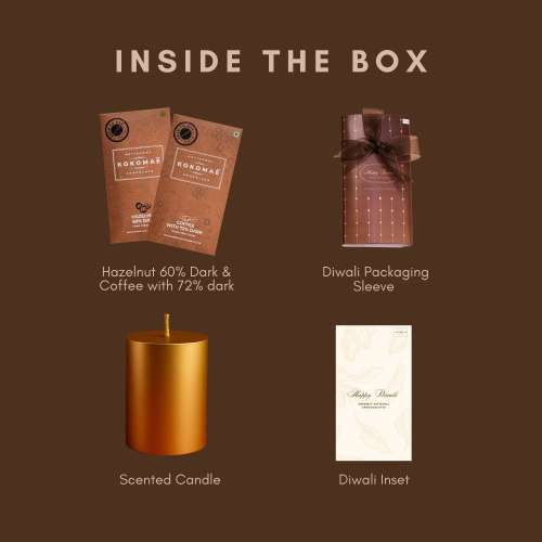 Kokomae: 2-Bar Diwali Hamper  Hazelnut & Coffee Chocolates with Candle