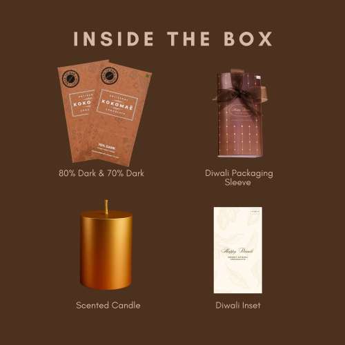 Kokomae: 2-Bar Diwali Hamper  70% & 80% Dark Chocolate with Candle