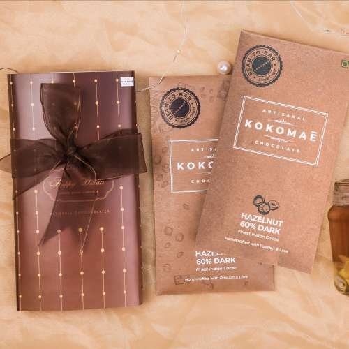 Kokomae: 2-Bar Diwali Hamper  Hazelnut & 60% Dark Chocolate with Candle