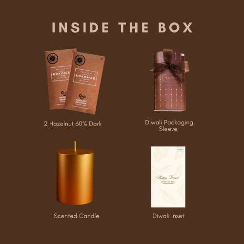 Kokomae: 2-Bar Diwali Hamper  Hazelnut & 60% Dark Chocolate with Candle Kokomae: 2-Bar Diwali Hamper  Hazelnut & 60% Dark Chocolate with Candle