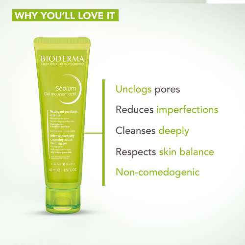 Bioderma: Sebium Gel Moussant Actif Cleanser with Salicylic & GlycolicAcidforAcneProne,OilySkin  45ml