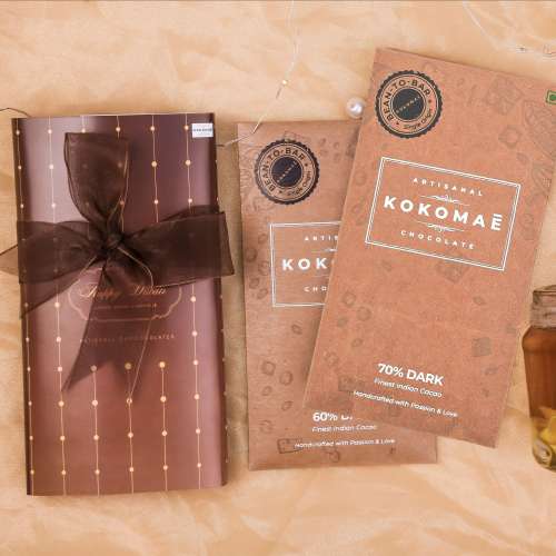Kokomae: 2-Bar Diwali Hamper  60% & 70% Dark Chocolate with Candle