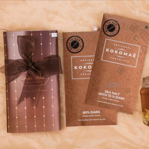 Kokomae: 2-Bar Diwali Hamper  Sea Salt & 80% Dark Chocolate with Candle