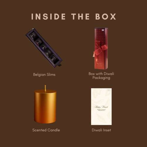 Kokomae: Coverture Belgian Slims Diwali Chocolate Hamper | Assorted Belgian Chocolate Slims in Festive Gift Box | Scented Candle & Diwali Inset