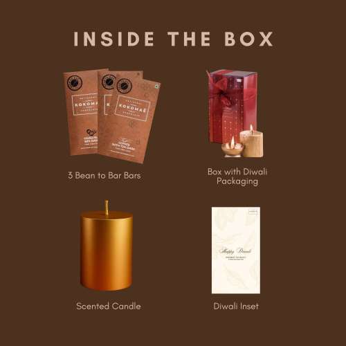 Kokomae: 3-Bar Diwali Chocolate Hamper | Assorted Bean-to-Bar Dark Chocolates | Festive Box with Scented Candle & Insert