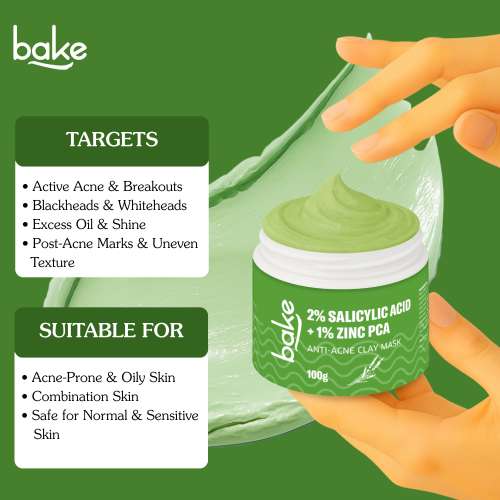 Bake Cosmetics: 2% Salicylic Acid + Zinc PCA + Niacinamide Clay Mask for Acne, Blackheads & Open Pores 100gm