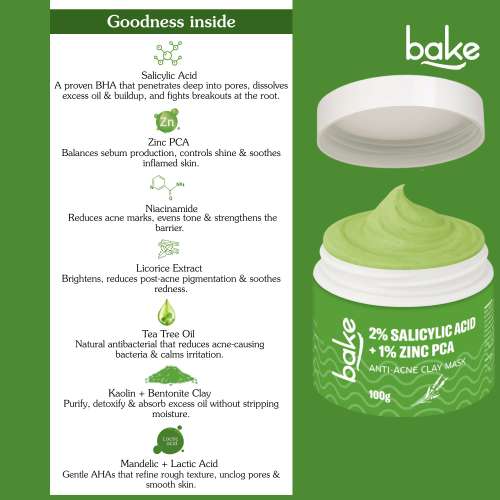 Bake Cosmetics: 2% Salicylic Acid + Zinc PCA + Niacinamide Clay Mask for Acne, Blackheads & Open Pores 100gm