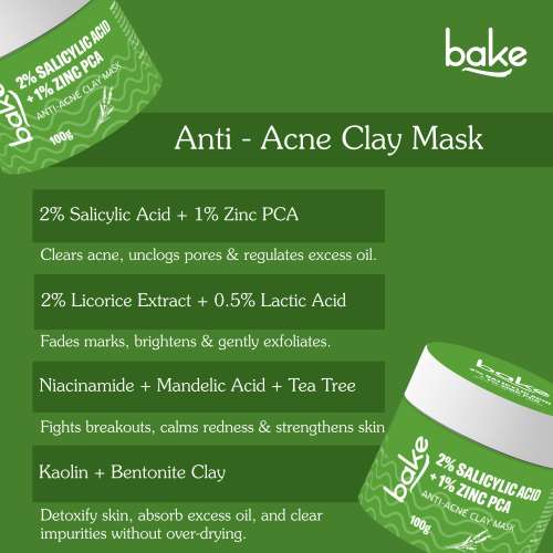 Bake Cosmetics: 2% Salicylic Acid + Zinc PCA + Niacinamide Clay Mask for Acne, Blackheads & Open Pores 100gm