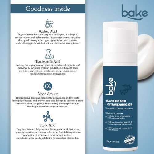 Bake Cosmetics: 10% Azelaic Acid + 5% Tranexamic Acid Pigmentation Corrector Cream for Acne Marks, Dark Spots & Uneven Skin 30gm