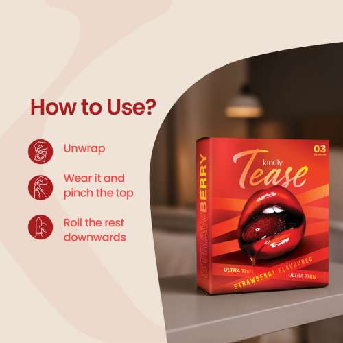 Kindly Health: Tease Ultra Thin Strawberry flavour Condoms for Men, Pack of 3 