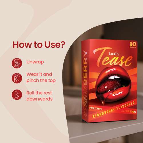 Kindly Health: Tease Ultra Thin Strawberry flavour Condoms for Men, Pack of 10 