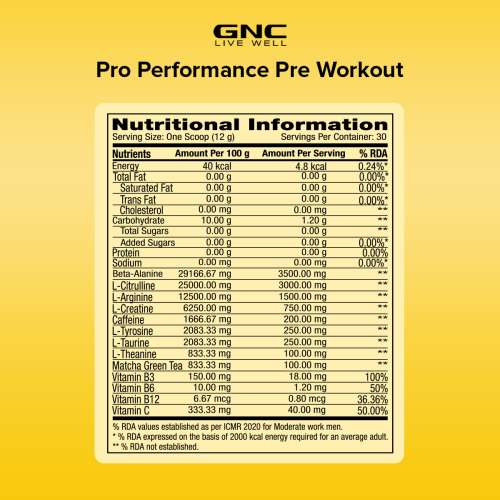 GNC: Pro Performance Pre-Workout | Boosts Energy & Endurance |   1.5gm L-Arginine | 3.5gm Beta-Alanine | 0.2gm Caffeine |Lemon | 360gm
