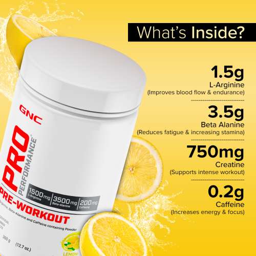 GNC: Pro Performance Pre-Workout | Boosts Energy & Endurance |   1.5gm L-Arginine | 3.5gm Beta-Alanine | 0.2gm Caffeine |Lemon | 360gm