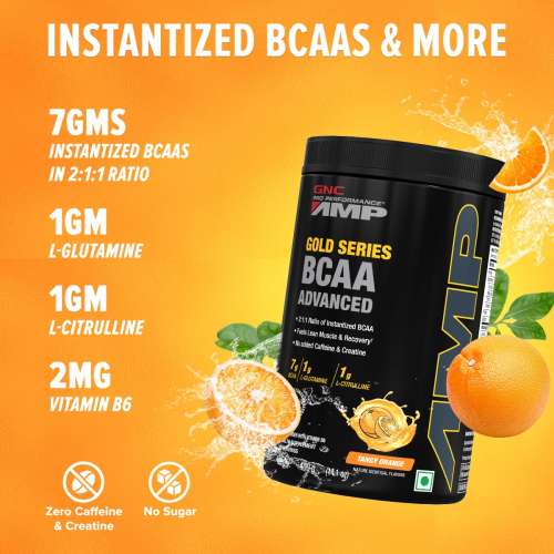 GNC: AMP Gold Series BCAA Advanced | Fastest Muscle Recovery | Tangy Orange | 400gm