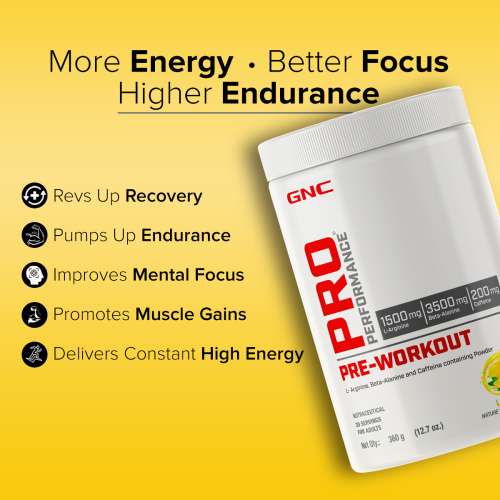 GNC: Pro Performance Pre-Workout | Boosts Energy & Endurance |   1.5gm L-Arginine | 3.5gm Beta-Alanine | 0.2gm Caffeine |Lemon | 360gm