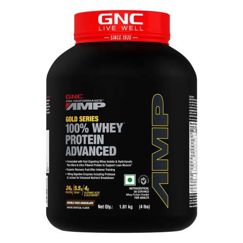 GNC: AMP Gold Series 100% Whey Protein Advanced  | 24gm Protein | 5.5gm BCAA | 4gm Glutamine | Double Rich Chocolate | 4 lbs GNC: AMP Gold Series 100% Whey Protein Advanced  | 24gm Protein | 5.5gm BCAA | 4gm Glutamine | Double Rich Chocolate | 4 lbs