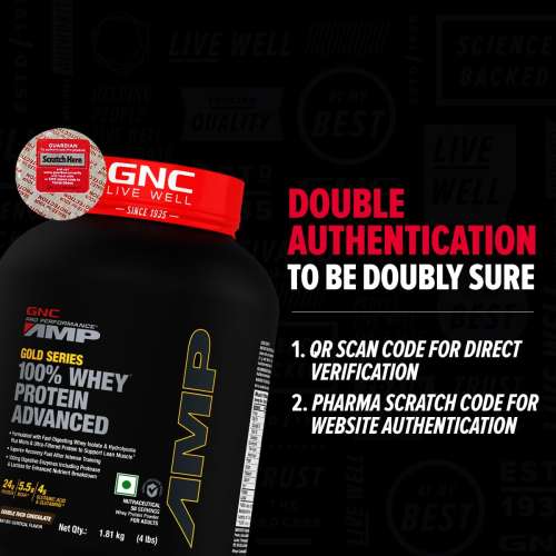 GNC: AMP Gold Series 100% Whey Protein Advanced  | 24gm Protein | 5.5gm BCAA | 4gm Glutamine | Double Rich Chocolate | 4 lbs